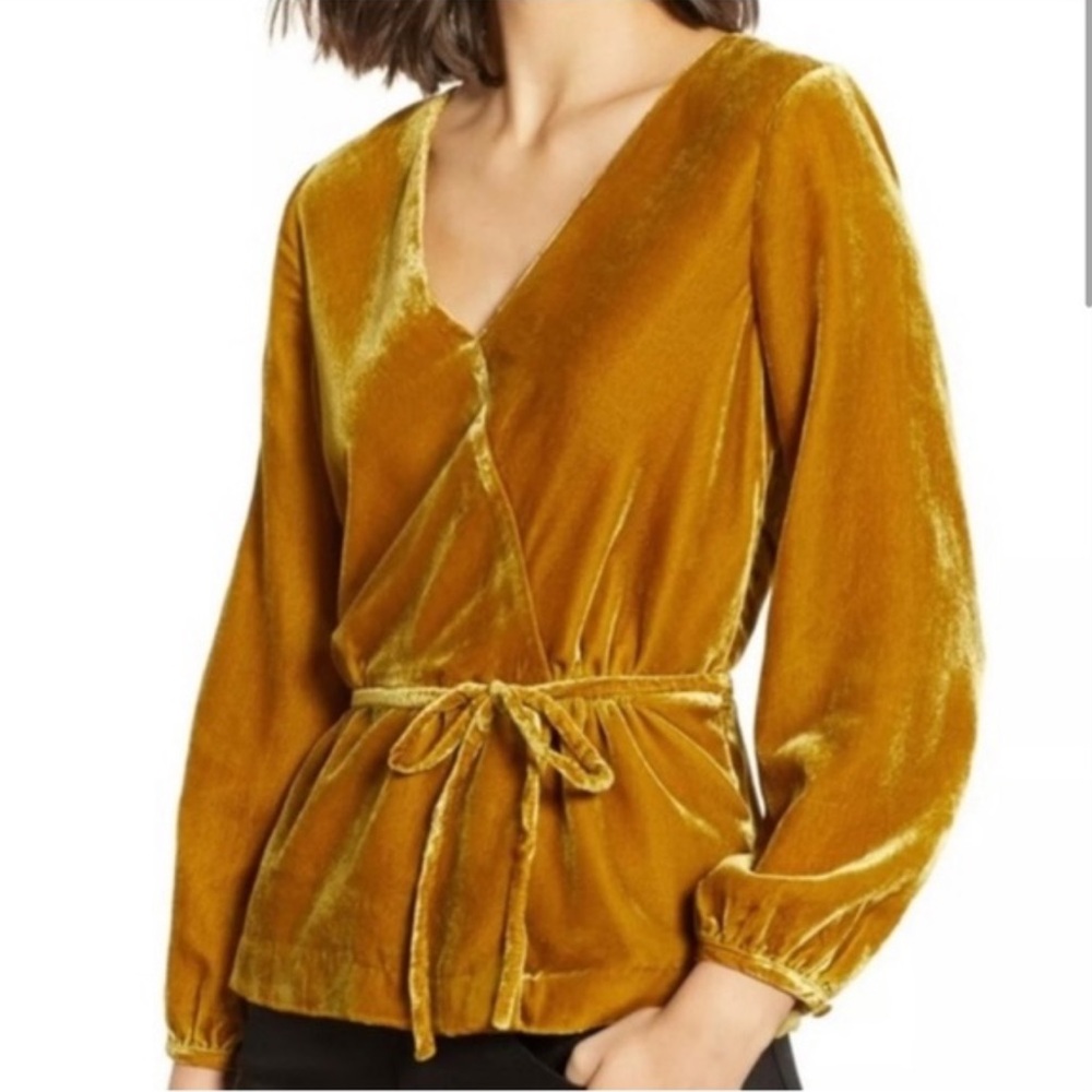 NWT J. Crew Mustard Faux-wrap top in drapey velvet